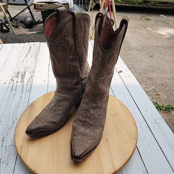 Dan Post Brown Leather Embossed El Paso Western Heeled Cowboy Boots 3247 Sz 7.5